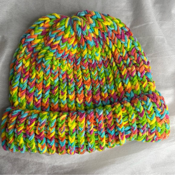 Handmade Crochet Terry Towel Strata Striped Rainbow Beanie Hat Super Soft OSFM - Picture 9 of 10